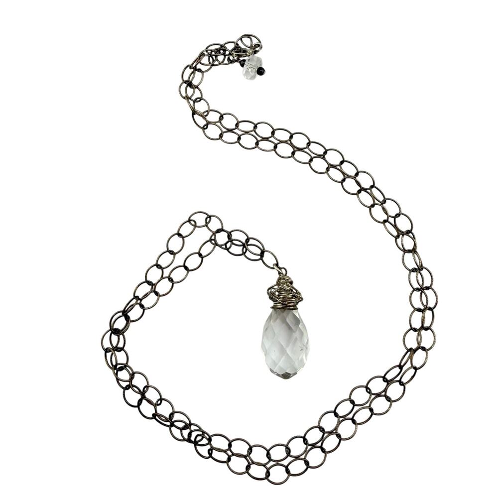 925 Sterling Silver Handmade Wire Wrap Crystal Briolette Teardrop 32" Necklace